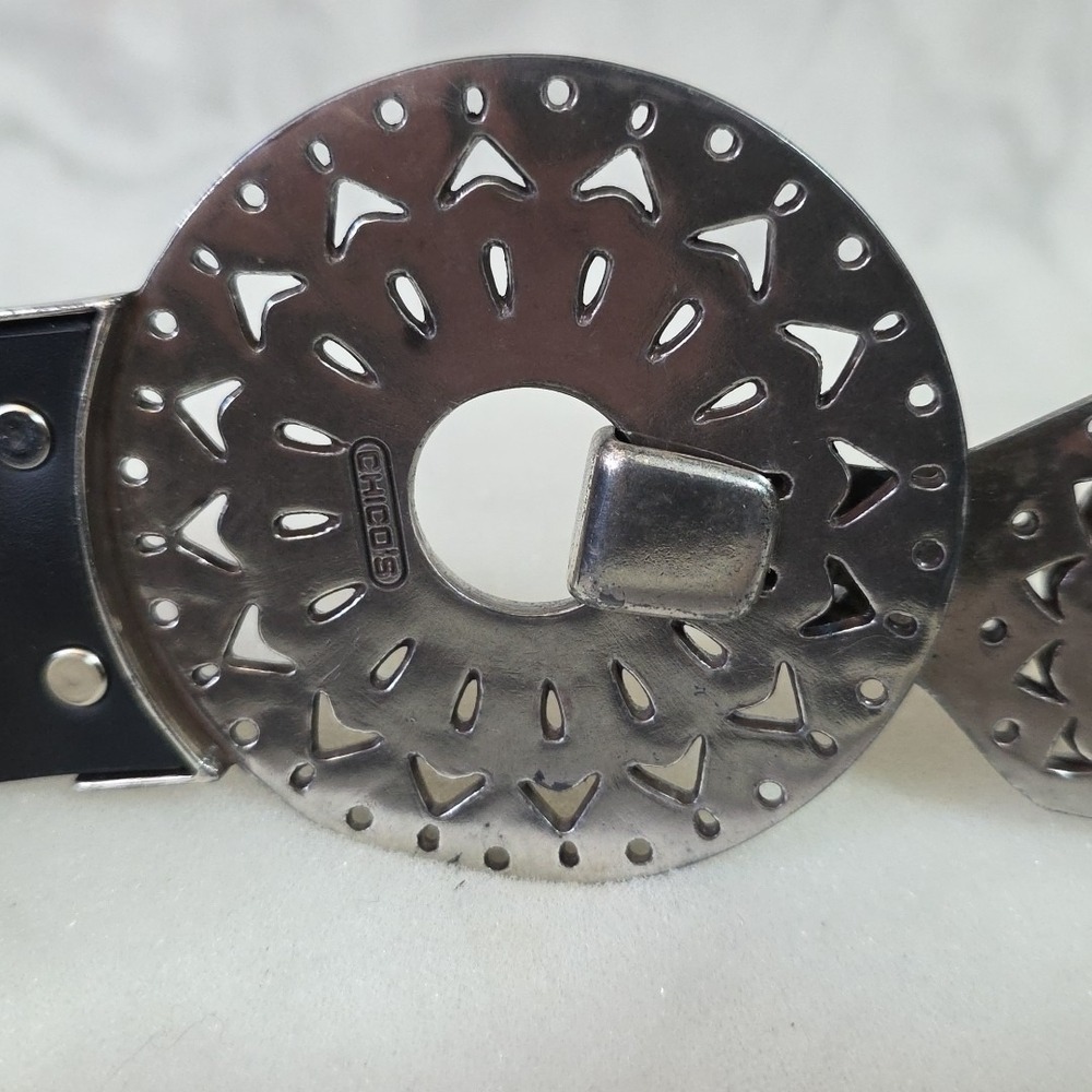 Chico's Black Genuine Leather Belt S/M Boho Mixed Metal Ornate Buckle 30" 2485 - Picture 8 of 12